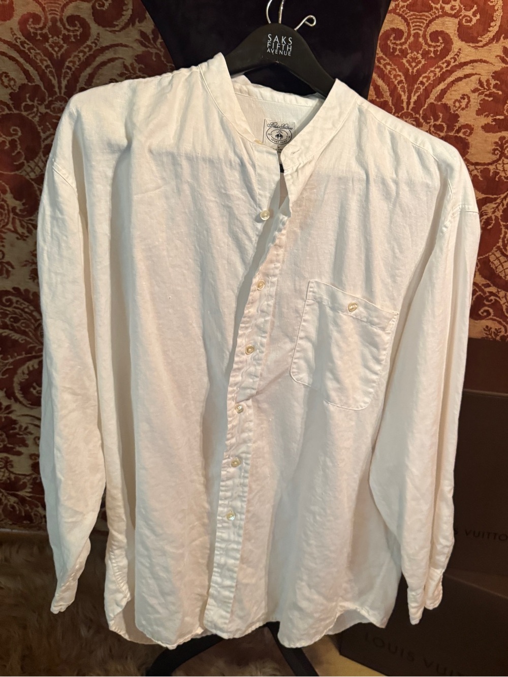 Brooks Brothers White Band Collar Button-Down Linen Shirt